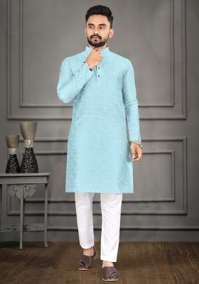 Blue Zari Cotton Blend Kurta For Men
