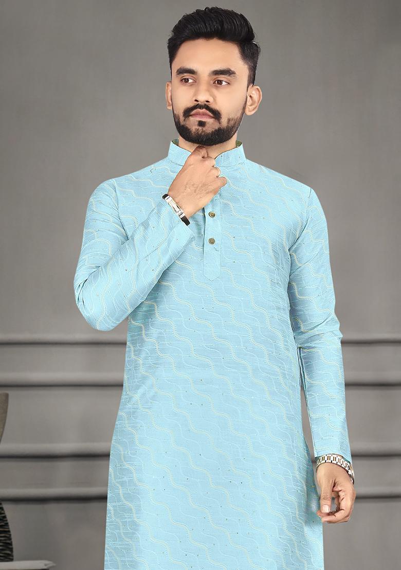 Blue Zari Cotton Blend Kurta For Men - Indya