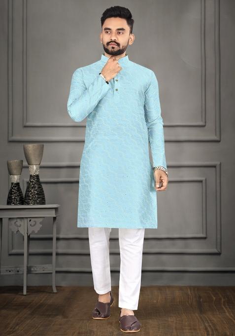 Blue Zari Cotton Blend Kurta For Men
