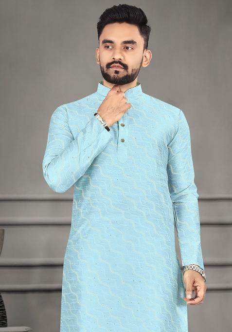 Blue Zari Cotton Blend Kurta For Men