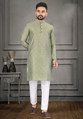 Grey Zari Cotton Blend Kurta For Men
