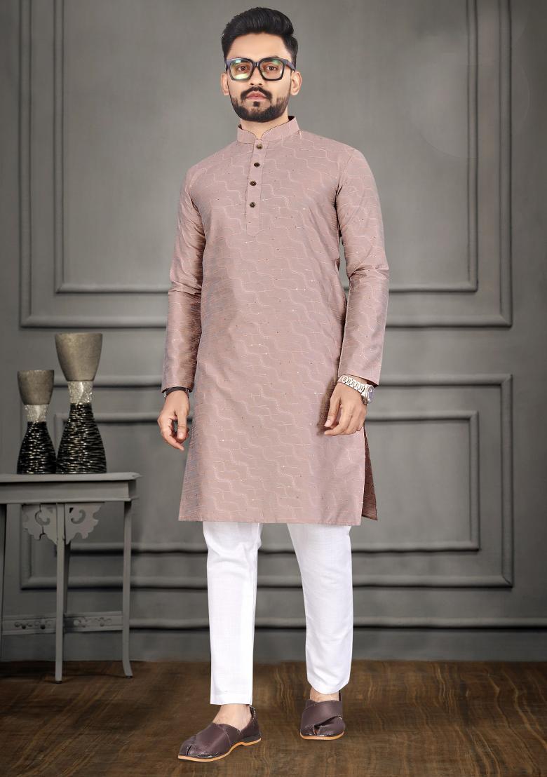 Pink Zari Cotton Blend Kurta For Men