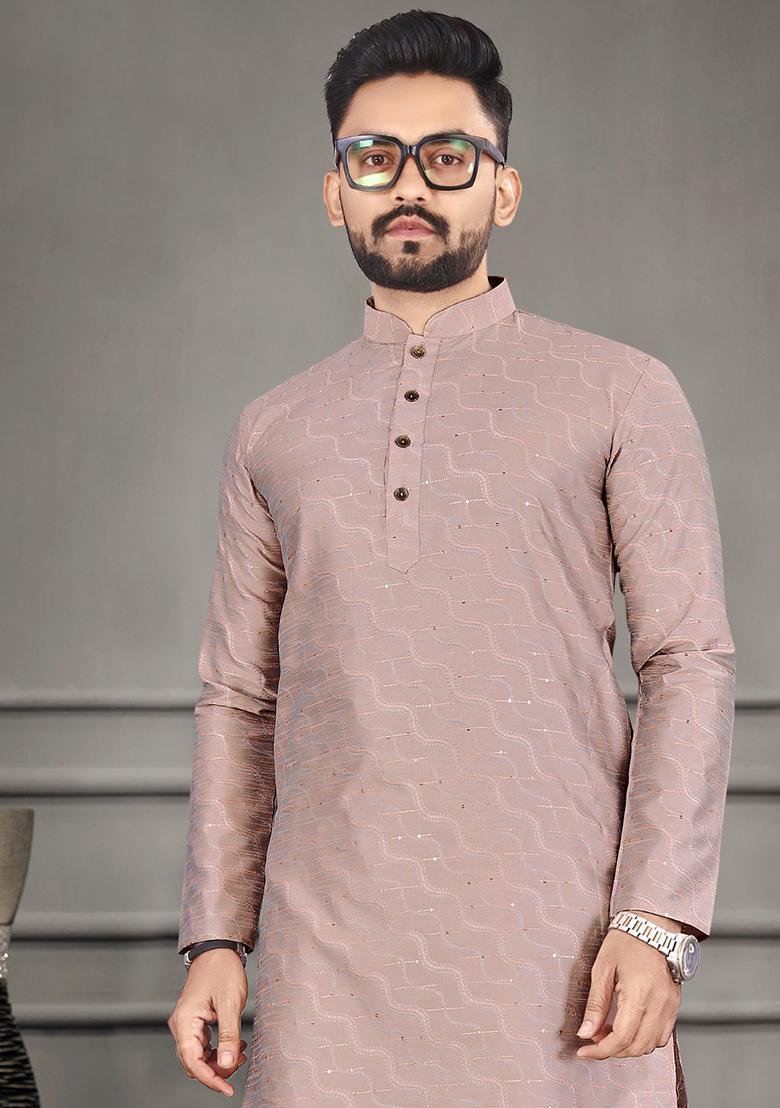 Pink Zari Cotton Blend Kurta For Men - Indya