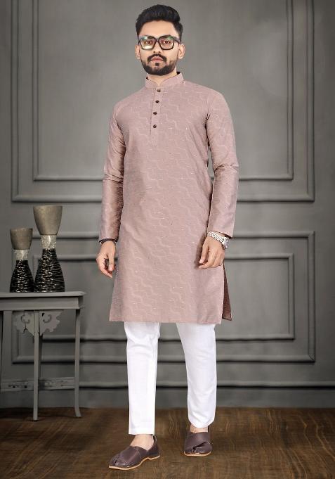 Pink Zari Cotton Blend Kurta For Men