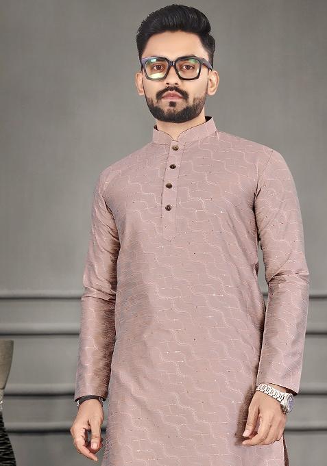 Pink Zari Cotton Blend Kurta For Men