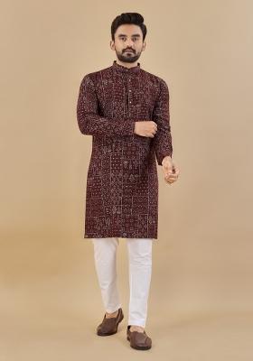 Multicolor Printed Cotton Blend Kurta For Men