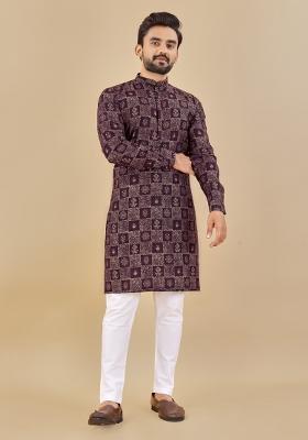Purple Printed Cotton Blend Kurta For Men