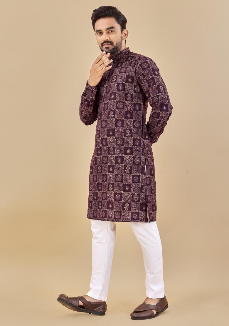 Purple Printed Cotton Blend Kurta For Men - Indya