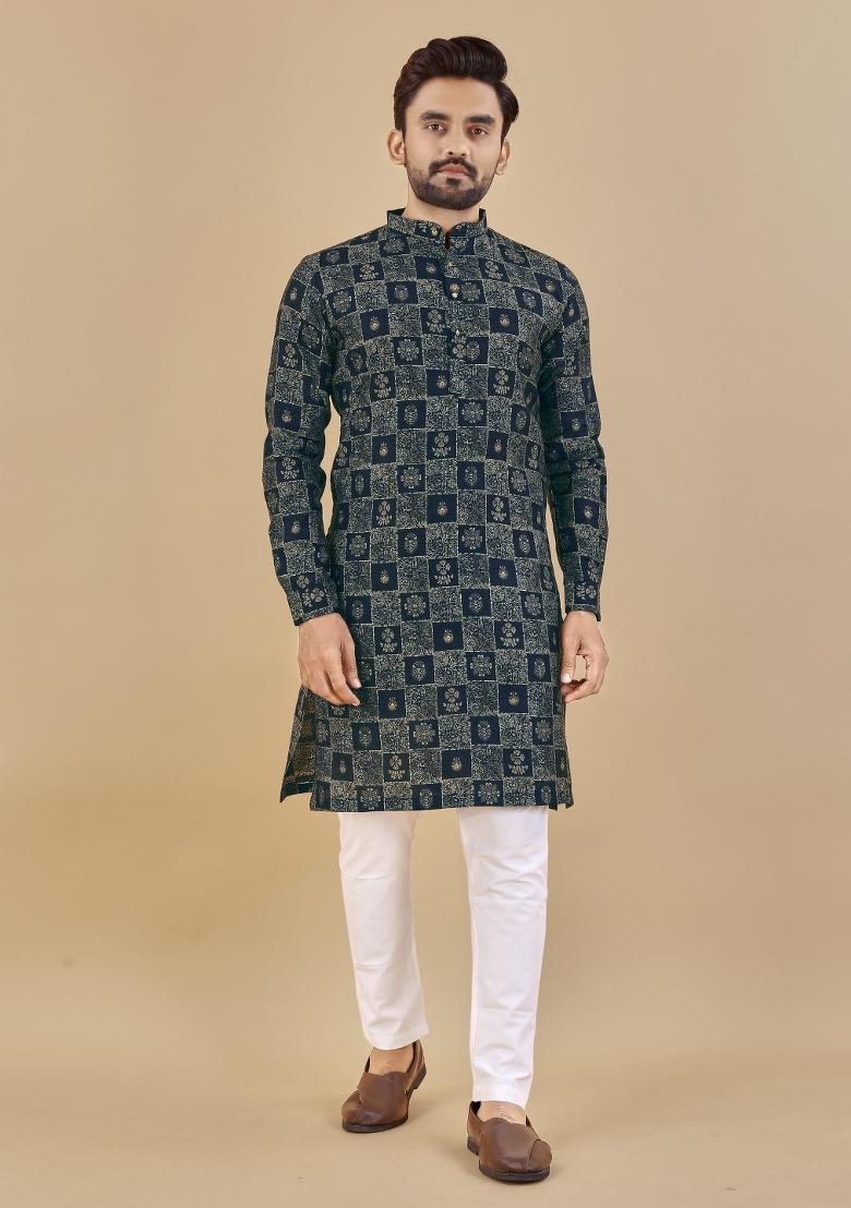 Blue Printed Cotton Blend Kurta For Men