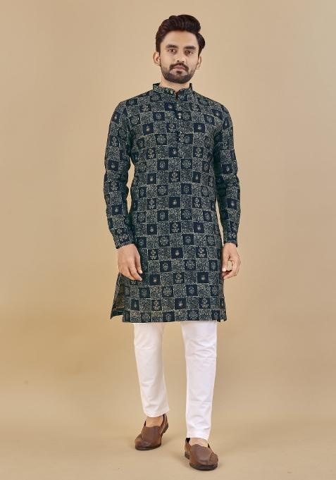 Blue Printed Cotton Blend Kurta For Men