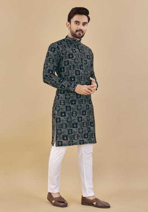Blue Printed Cotton Blend Kurta For Men
