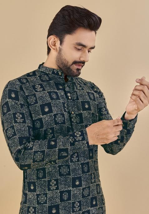 Blue Printed Cotton Blend Kurta For Men