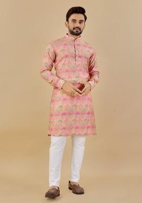 Pink Printed Cotton Blend Kurta For Men