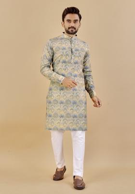 Grey Printed Cotton Blend Kurta For Men