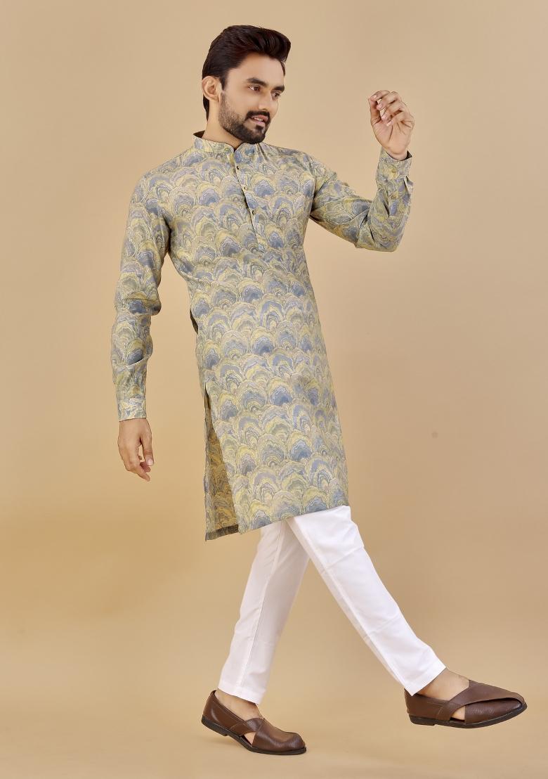 Grey Printed Cotton Blend Kurta For Men - Indya