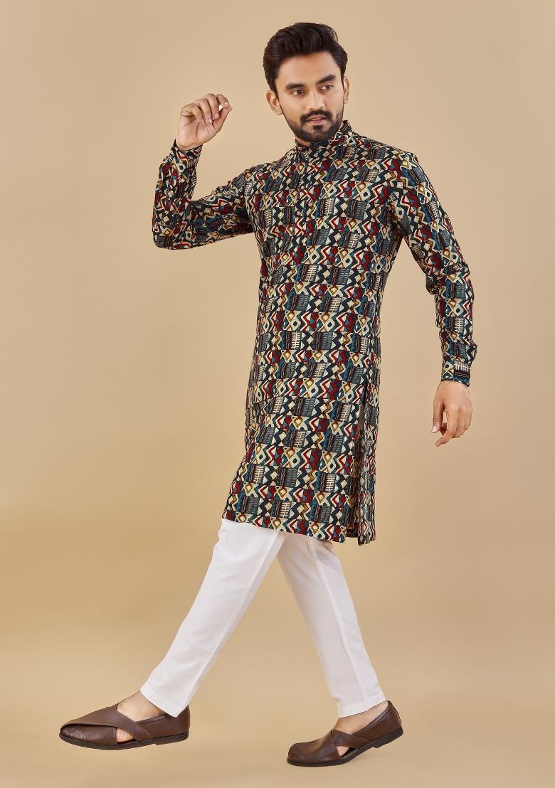 Multicolor Printed Cotton Blend Kurta For Men - Indya