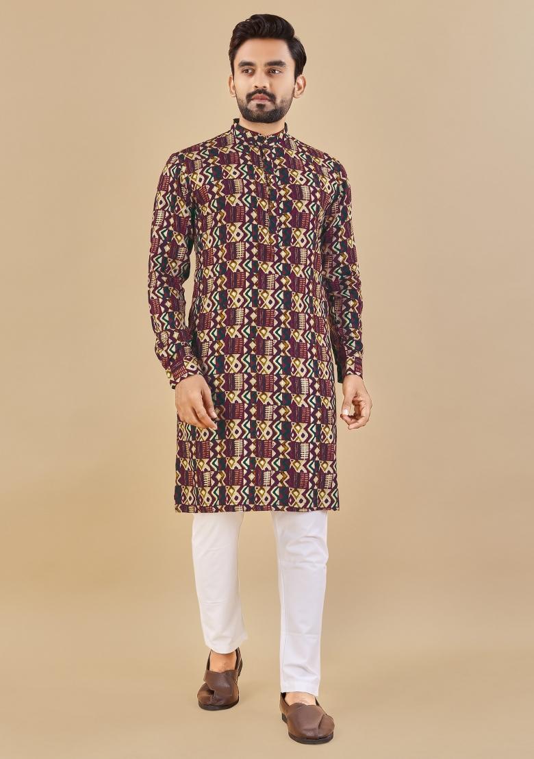Multicolor Printed Cotton Blend Kurta For Men