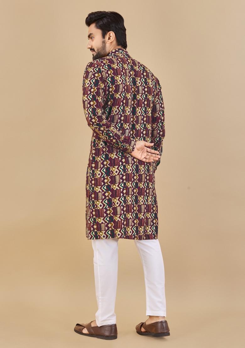 Multicolor Printed Cotton Blend Kurta For Men