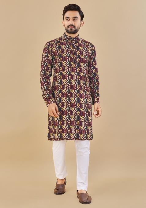 Multicolor Printed Cotton Blend Kurta For Men