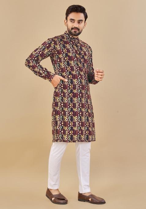 Multicolor Printed Cotton Blend Kurta For Men