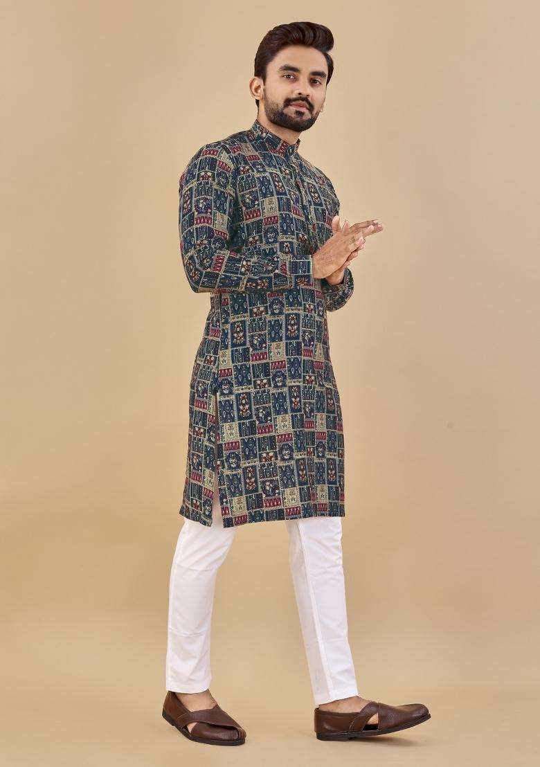 Blue Printed Cotton Blend Kurta For Men - Indya