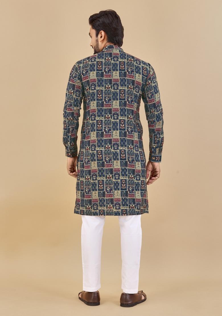 Blue Printed Cotton Blend Kurta For Men