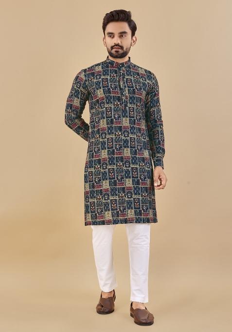 Blue Printed Cotton Blend Kurta For Men