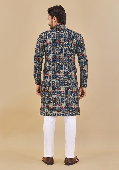 Blue Printed Cotton Blend Kurta For Men