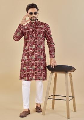 Maroon Printed Cotton Blend Kurta For Men