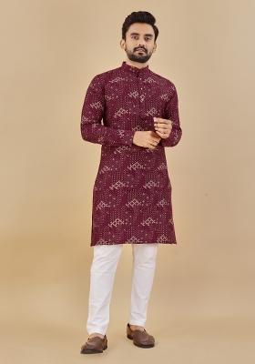 Wine Printed Cotton Blend Kurta For Men