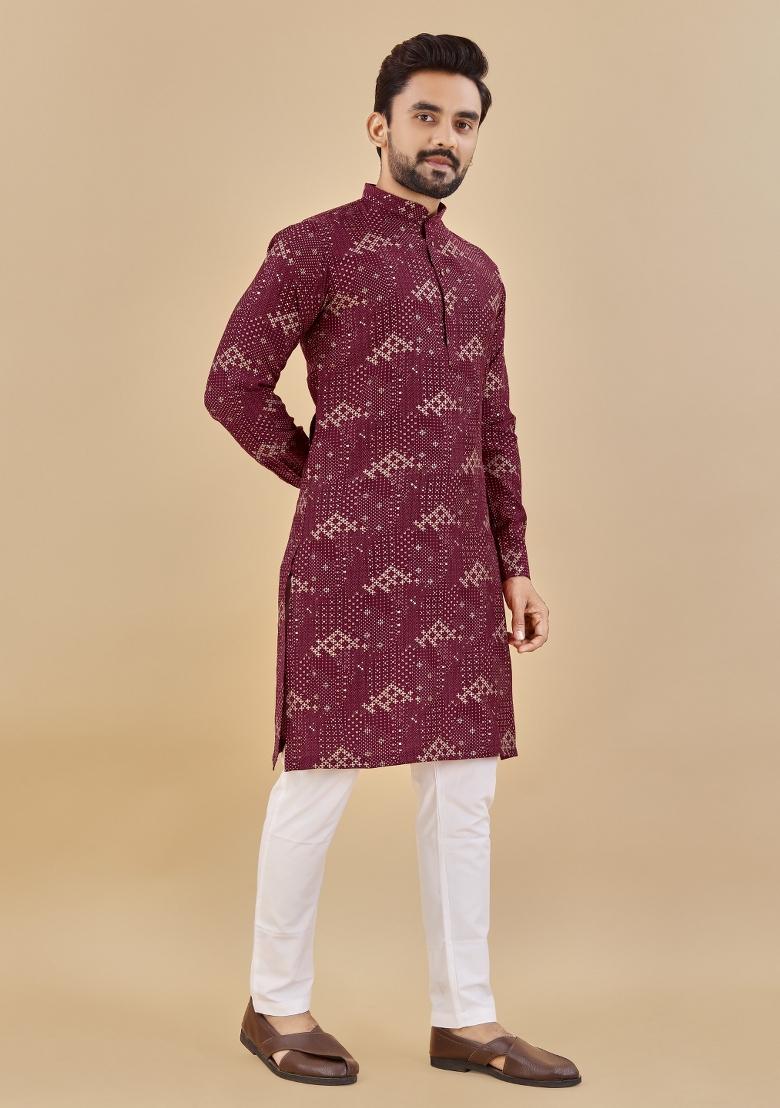 Wine Printed Cotton Blend Kurta For Men - Indya