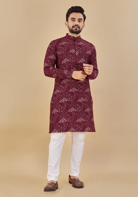 Wine Printed Cotton Blend Kurta For Men — view on Indya