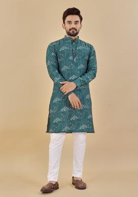 Green Printed Cotton Blend Kurta For Men