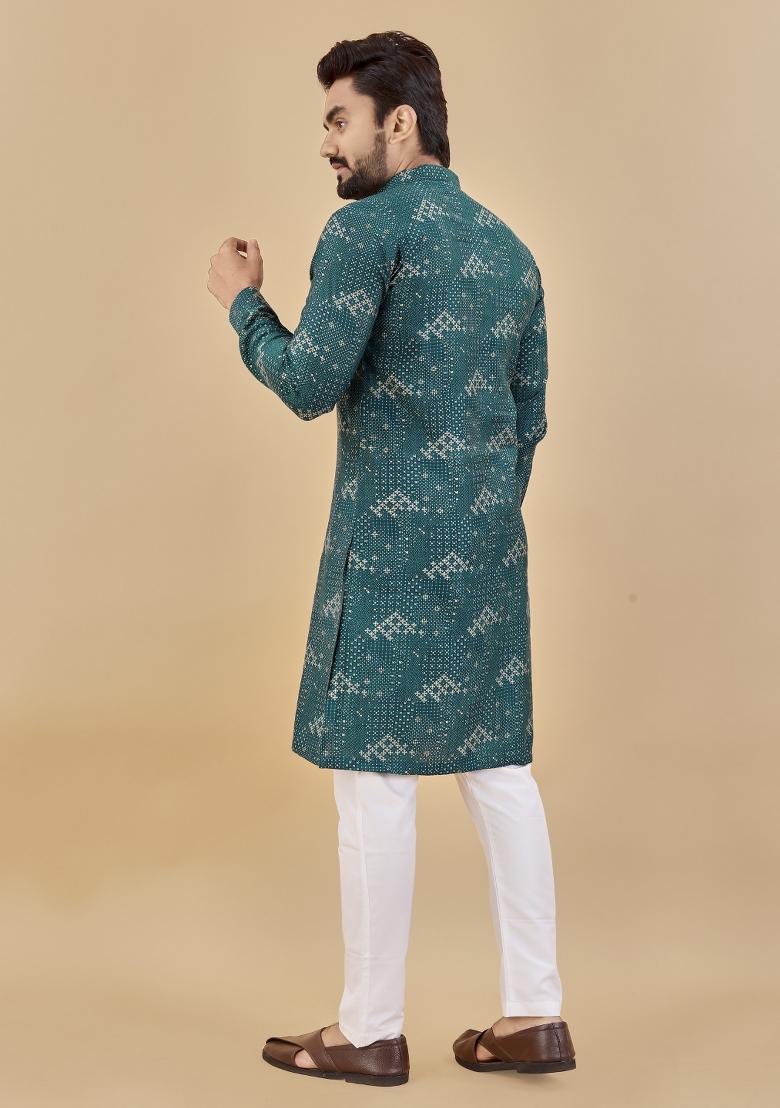 Green Printed Cotton Blend Kurta For Men