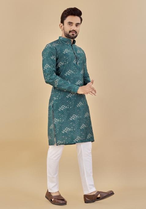Green Printed Cotton Blend Kurta For Men