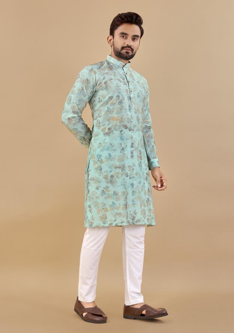 Blue Printed Cotton Blend Kurta For Men