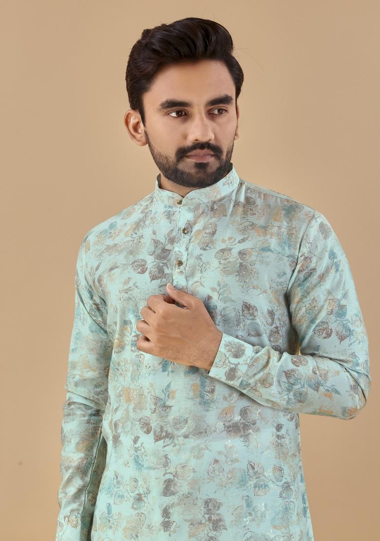 Blue Printed Cotton Blend Kurta For Men