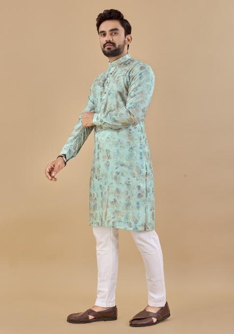 Blue Printed Cotton Blend Kurta For Men