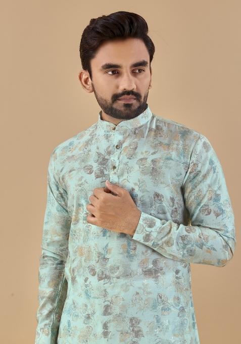 Blue Printed Cotton Blend Kurta For Men