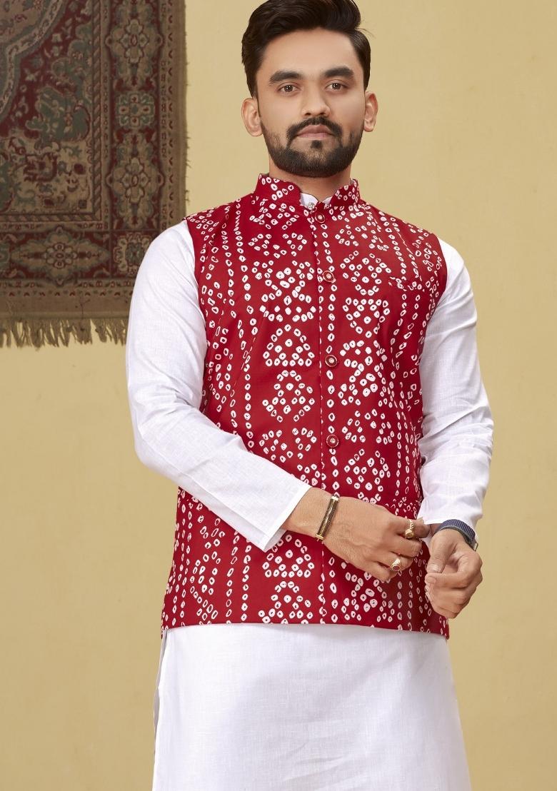 Red Printed Cotton Blend Kurta For Men - Indya
