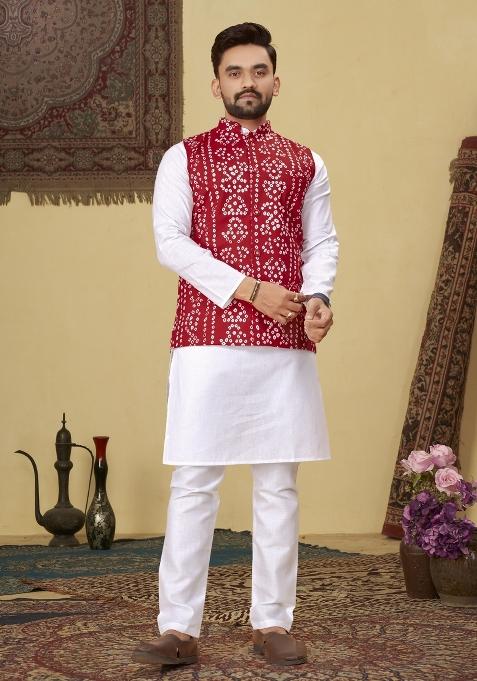 Red Printed Cotton Blend Kurta For Men