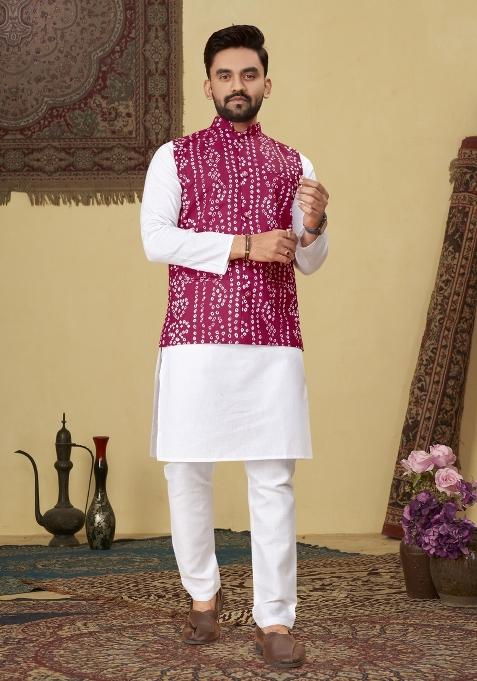 Pink Printed Cotton Blend Kurta For Men