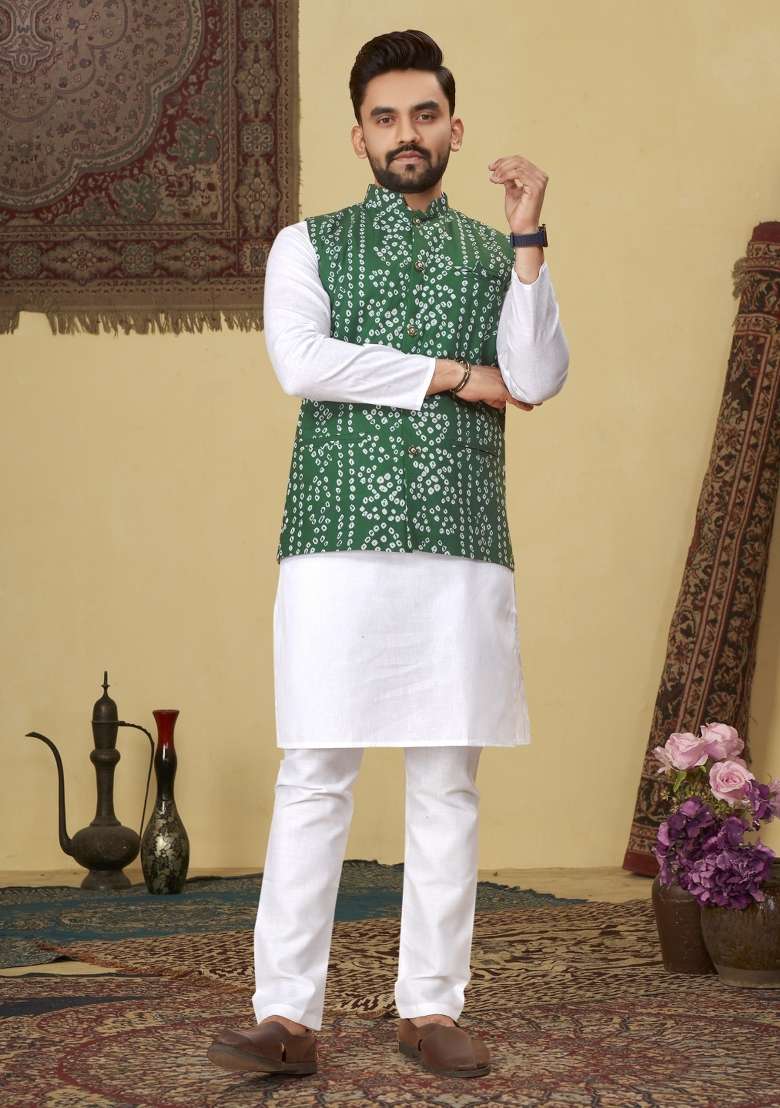 Green Printed Cotton Blend Kurta For Men - Indya