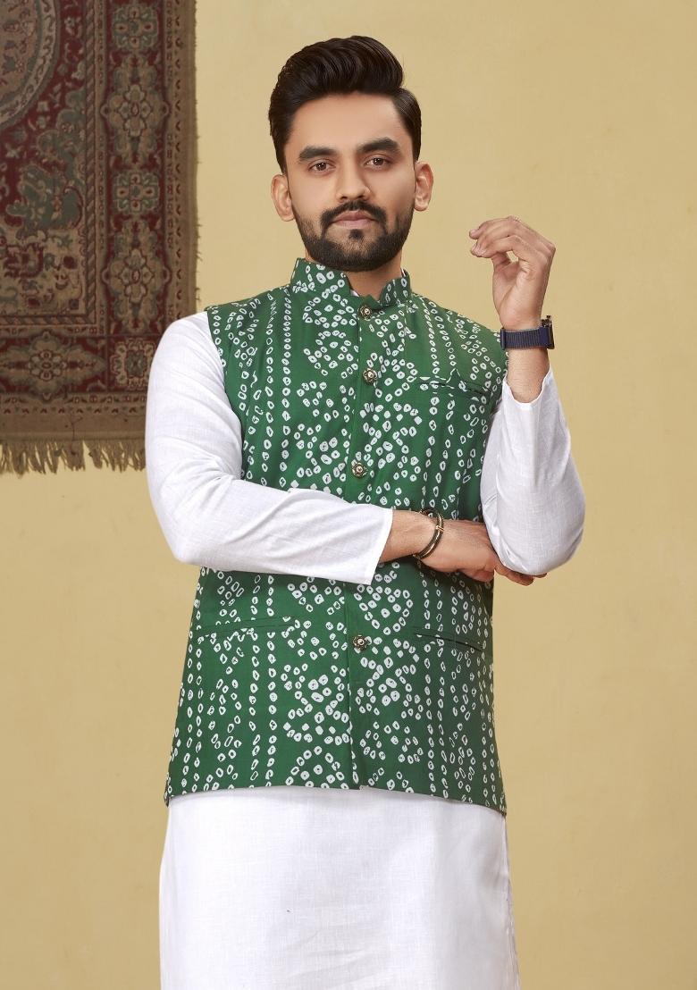 Green Printed Cotton Blend Kurta For Men - Indya
