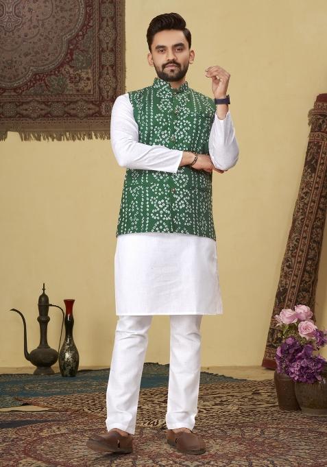 Green Printed Cotton Blend Kurta For Men