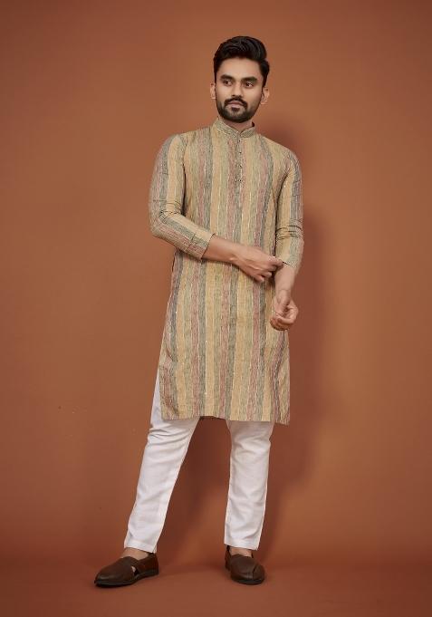 Multicolor Sequin Work Linen Kurta For Men