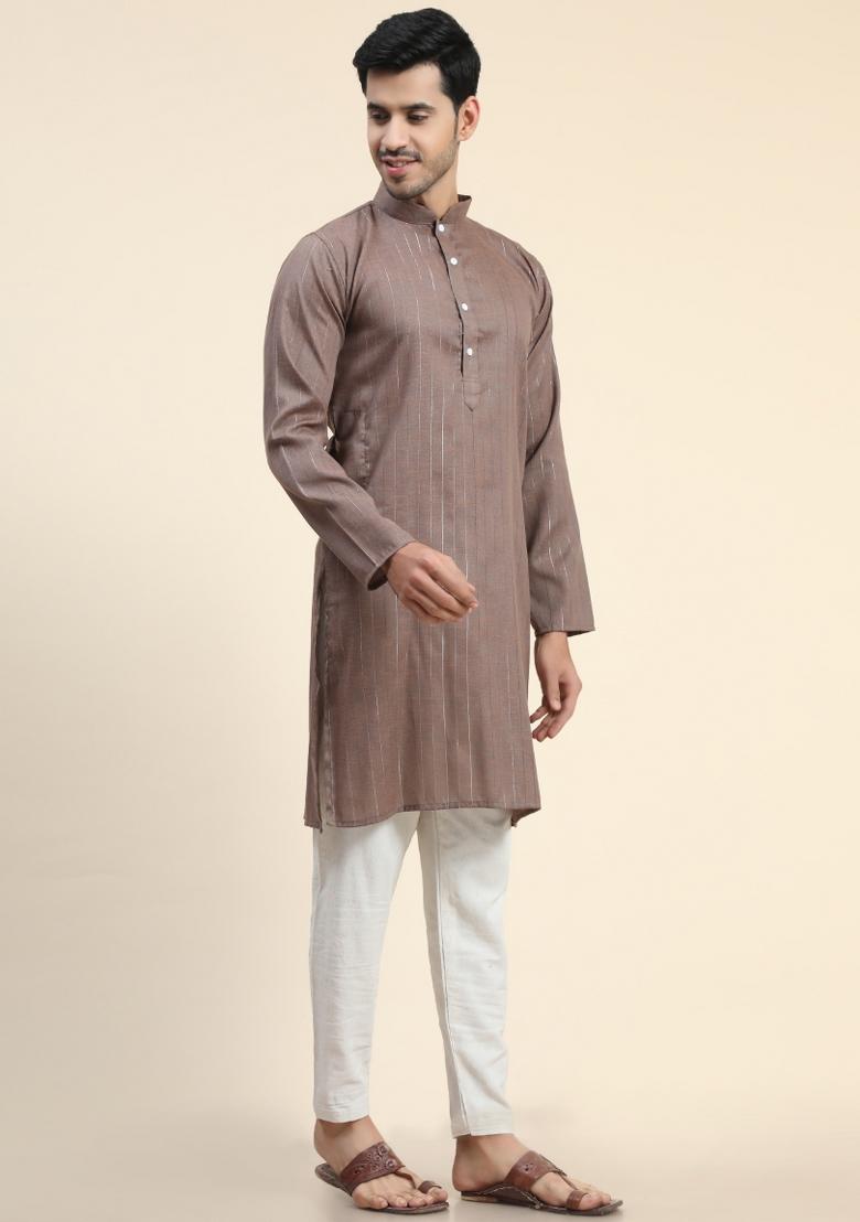 Brown Plain Cotton Blend Kurta For Men