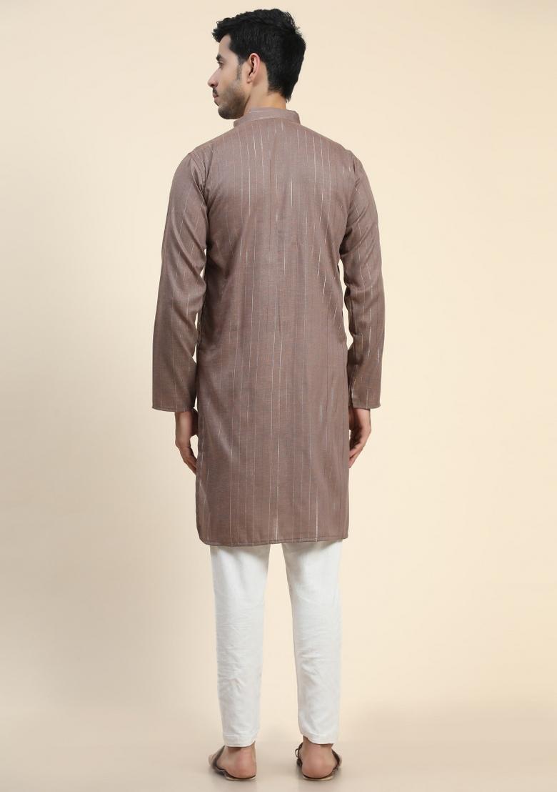 Brown Plain Cotton Blend Kurta For Men - Indya