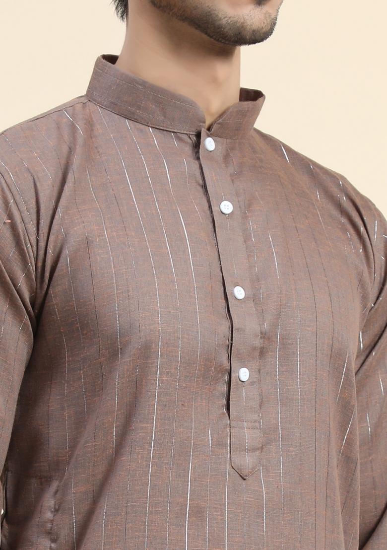 Brown Plain Cotton Blend Kurta For Men