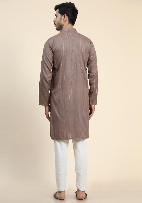 Brown Plain Cotton Blend Kurta For Men